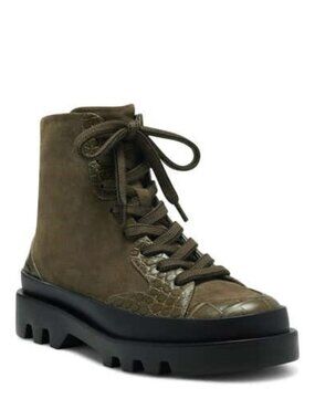 Vince Camuto Korigan Embossed Croc Boots Suede Lug Sole Booties Green Size 8.5